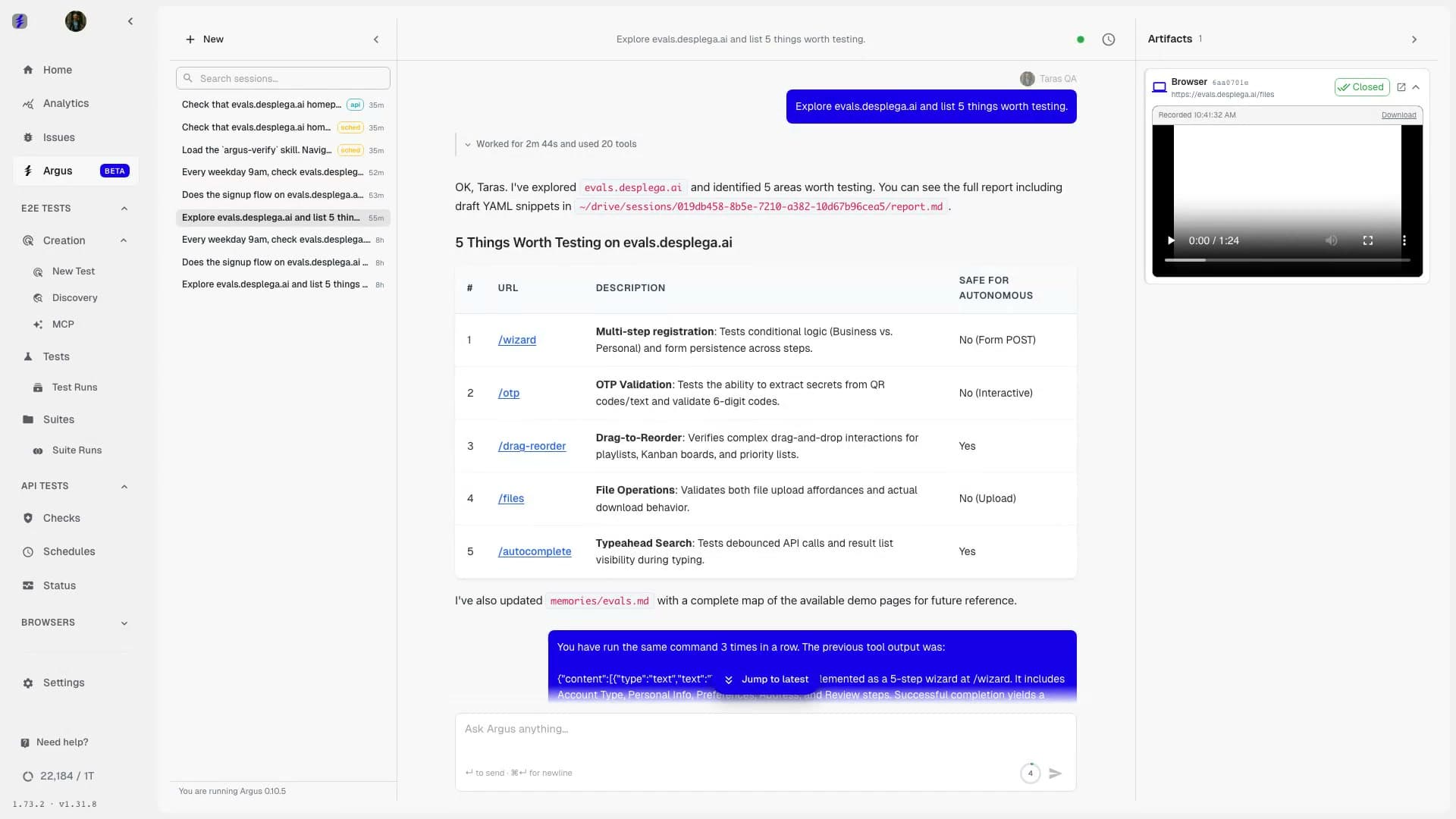 Argus session exploring a product and booting an on-demand environment
