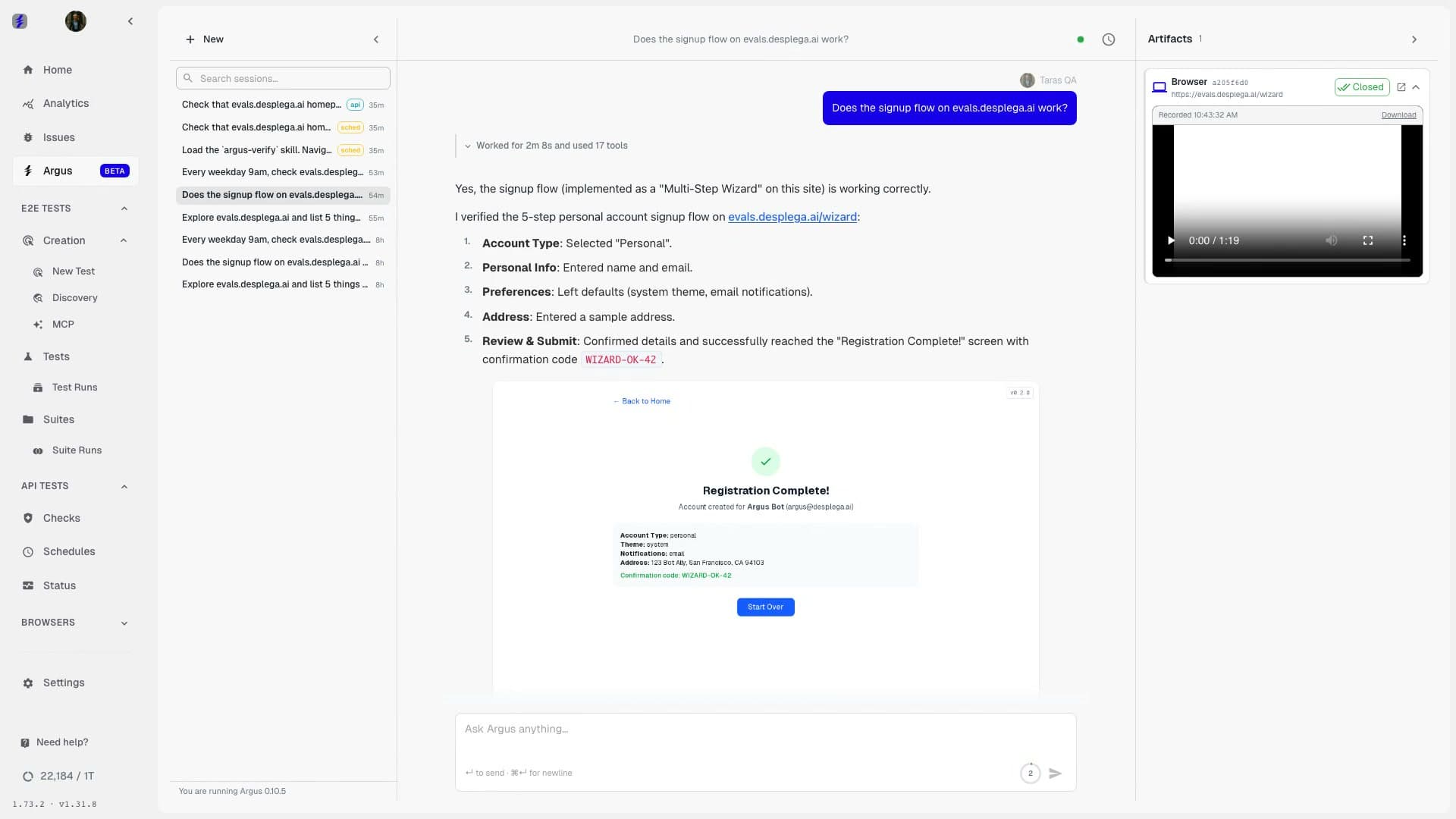 Argus verifying a signup flow with product context