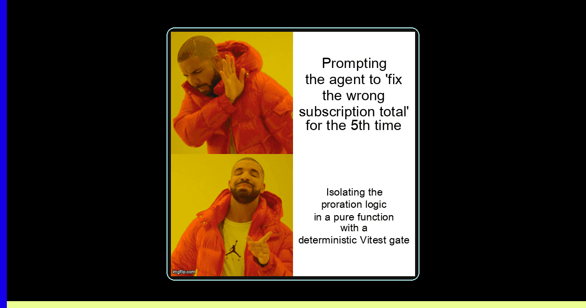 A browser coding agent paused beside a deterministic domain-logic test harness
