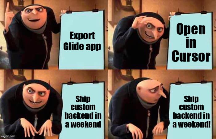 Glide to Cursor migration showing transformation from no-code builder to AI-assisted Next.js development
