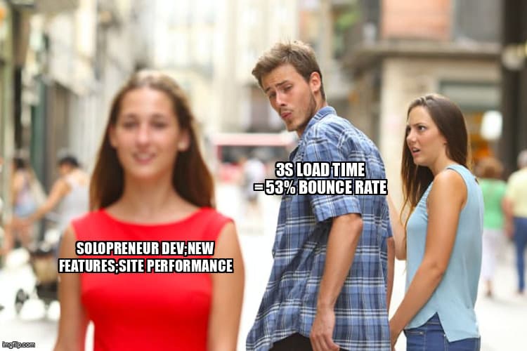 Distracted boyfriend meme showing solopreneur developer choosing between new features and site performance optimization
