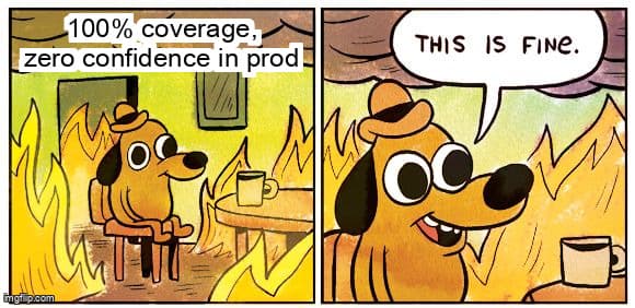 A developer shipping features while a giant test pyramid crumbles — resisting the test automation cult