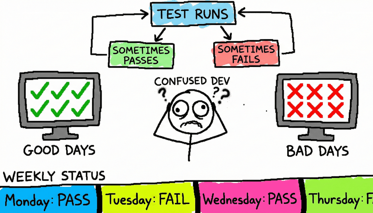 The Hidden Cost of Flaky Tests - MS Paint illustration showing flaky test flowchart