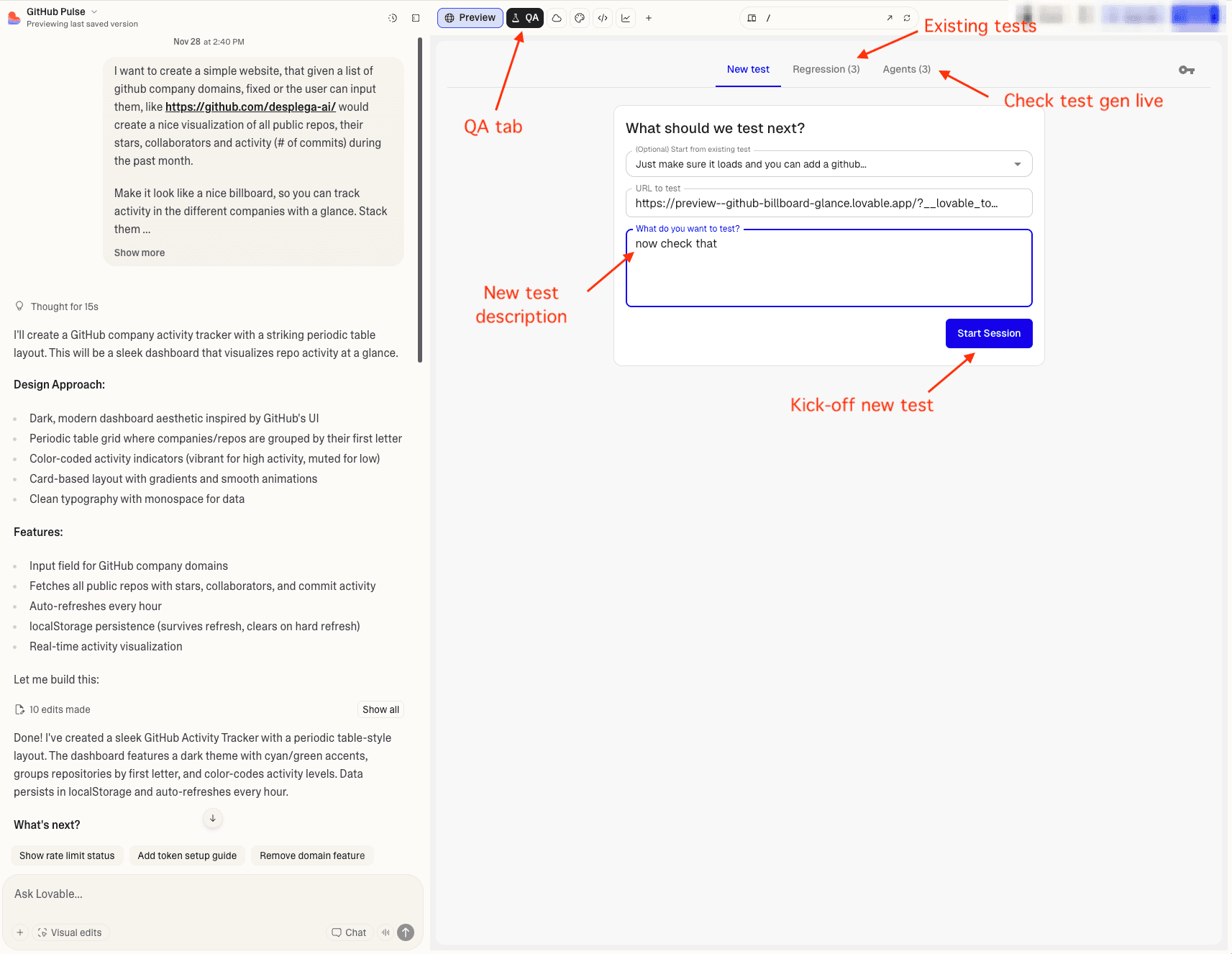 Lovable.dev interface showing the QA tab/button location in the toolbar, highlighted to indicate where to click