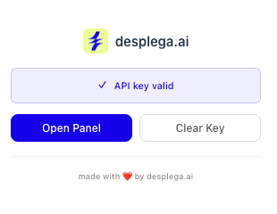 Success message showing API key configured and connection to desplega.ai successful