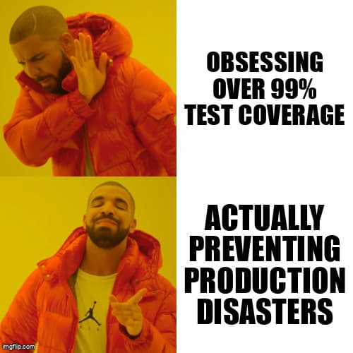 CTO drinking coffee while production systems fail behind him despite high test coverage