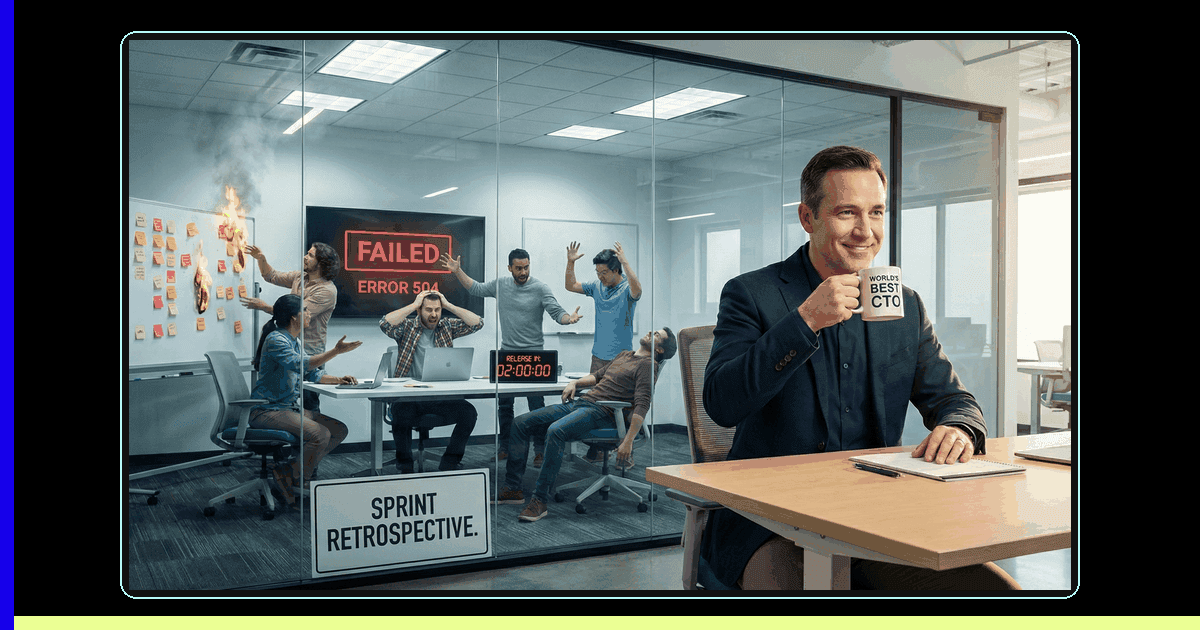 Why Your QA Team Hates Your Agile Sprints - CTO sitting calmly while QA team is in chaos behind glass wall