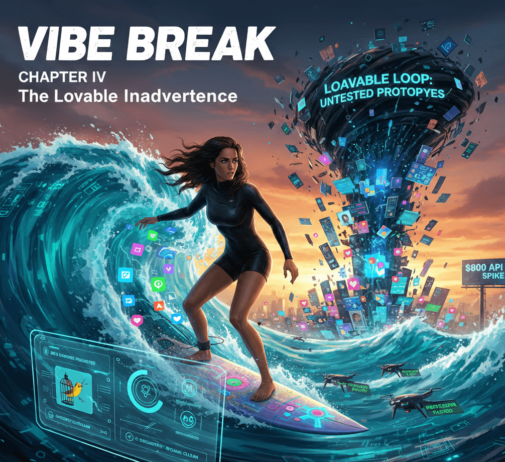 Vibe Break Chapter IV: The Lovable Inadvertence - AI coding security vulnerability illustration