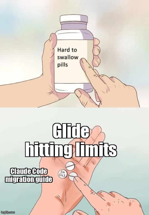 Visual comparison of Glide spreadsheet data model transforming into PostgreSQL schema with Claude Code interface