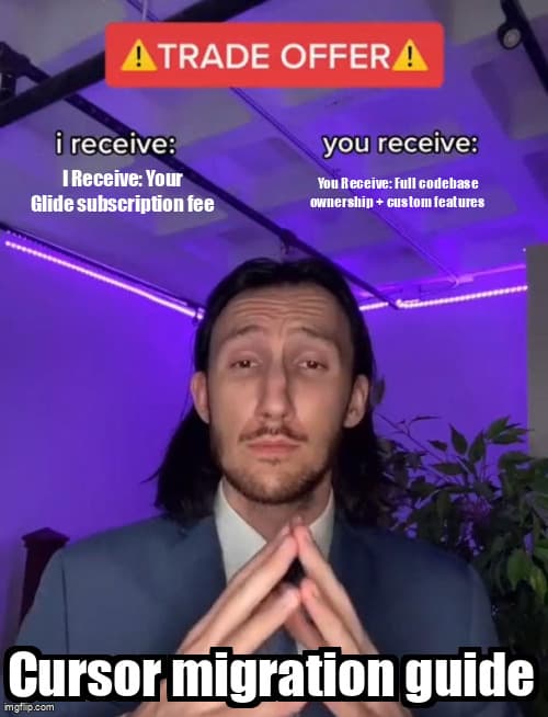Glide to Cursor migration guide showing data export workflow and React component architecture