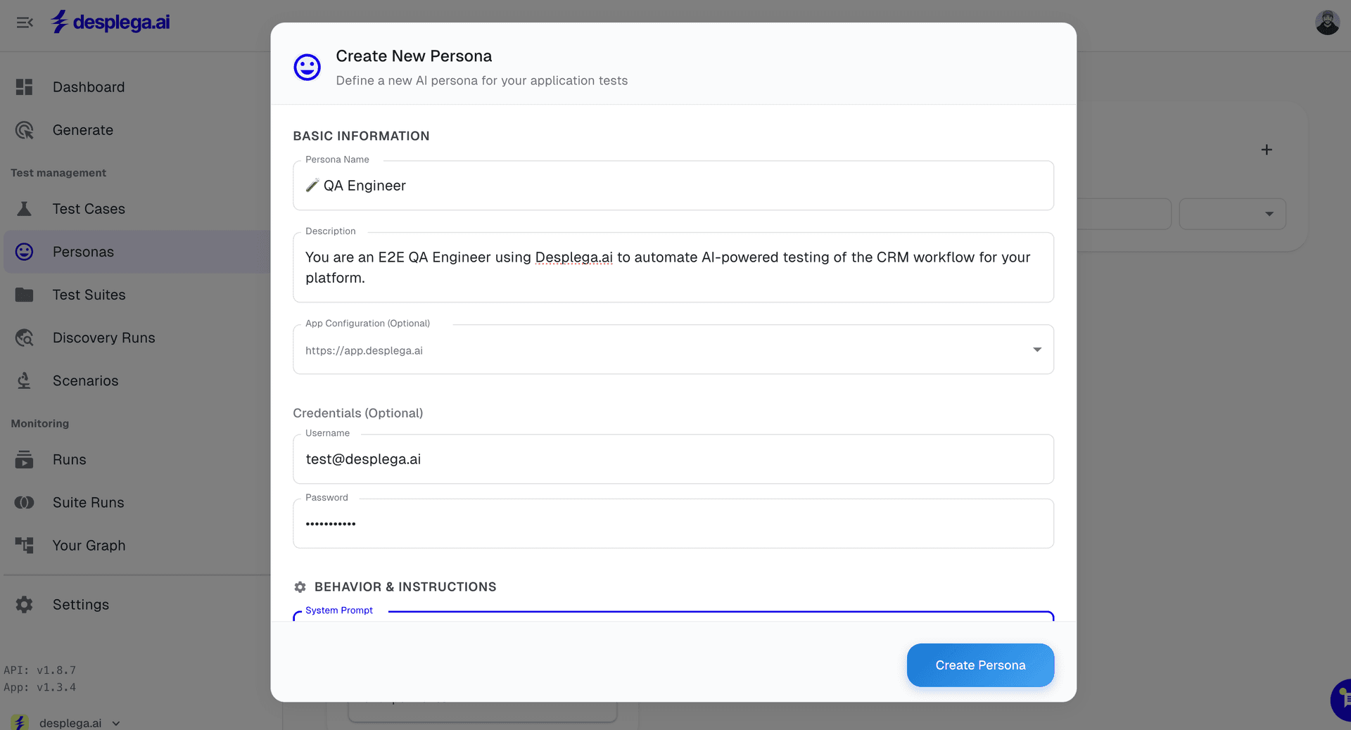 User Personas in desplega.ai showing different user types and their testing configurations