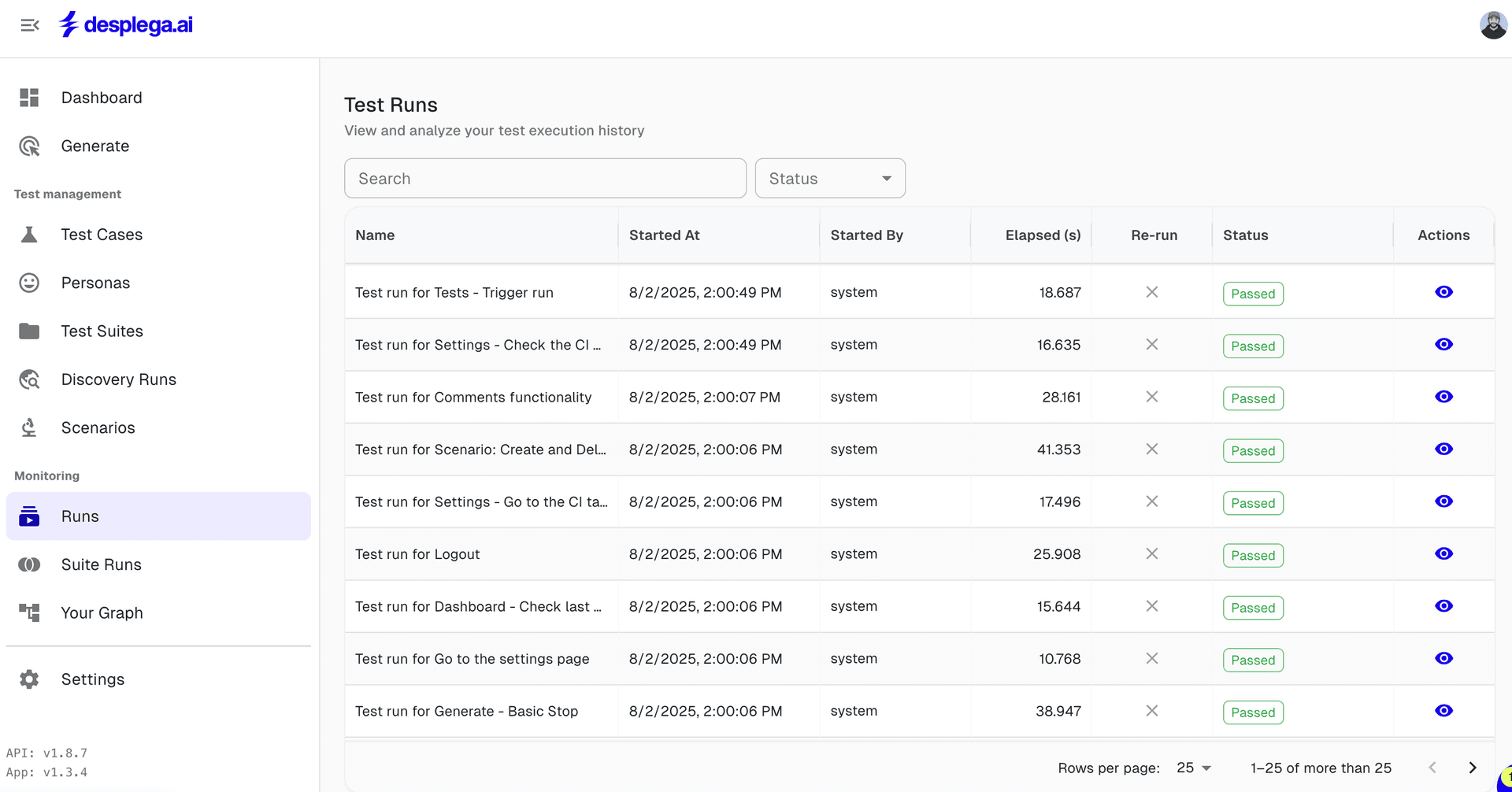 Test Runs in desplega.ai showing test execution monitoring and results dashboard