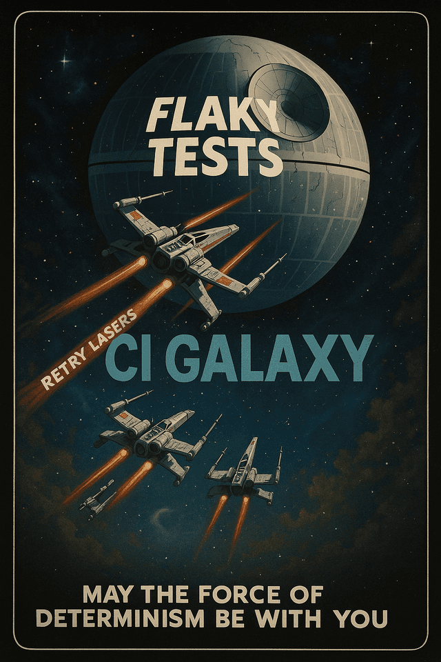Star Wars-themed poster showing X-wing fighters attacking a Death Star labeled 'FLAKY TESTS' in a CI Galaxy