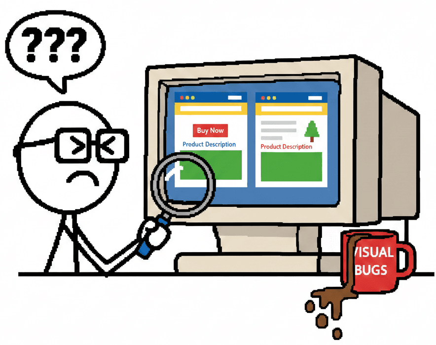 Visual Regression Testing: Catching UI Bugs Before Your Users Do - MS Paint illustration of QA engineer with magnifying glass looking at visual bugs