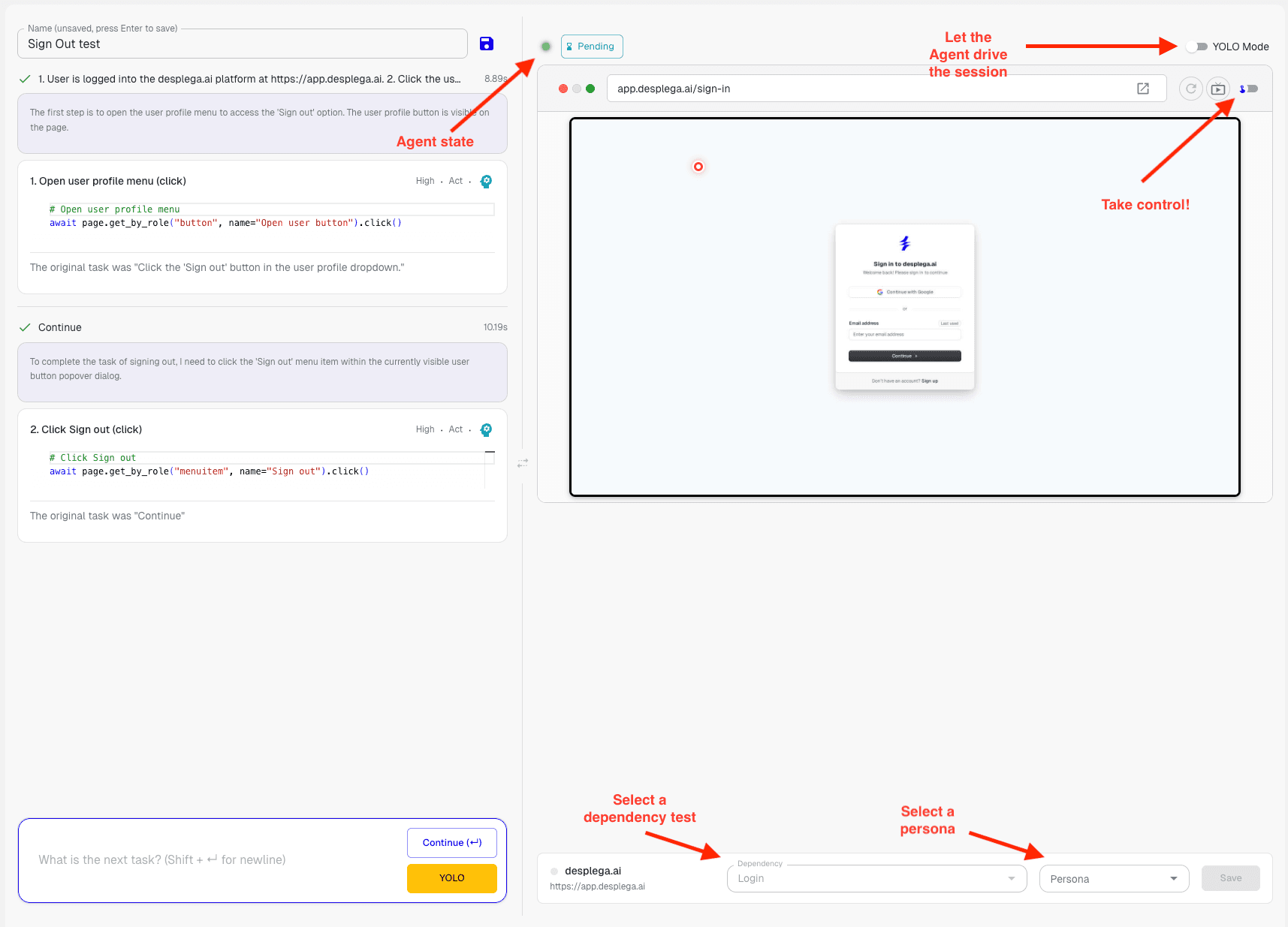 AI-powered test generation chat interface showing QA agent interaction, status indicators, YOLO mode, dependencies, personas, and manual control