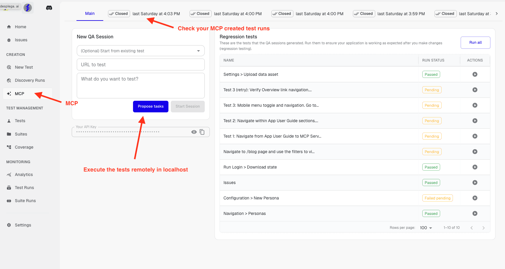 MCP integration showing test creation from local dev environment, test runs monitoring, and remote test triggering