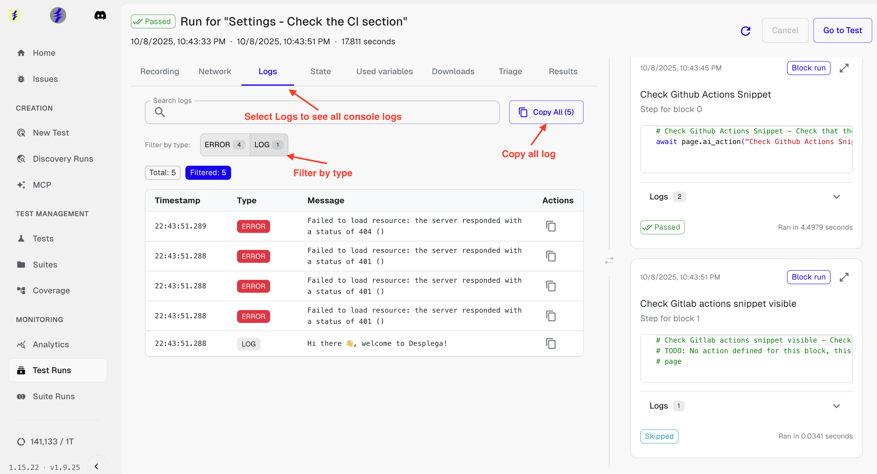Debug test run console logs showing error filtering, search, and log management
