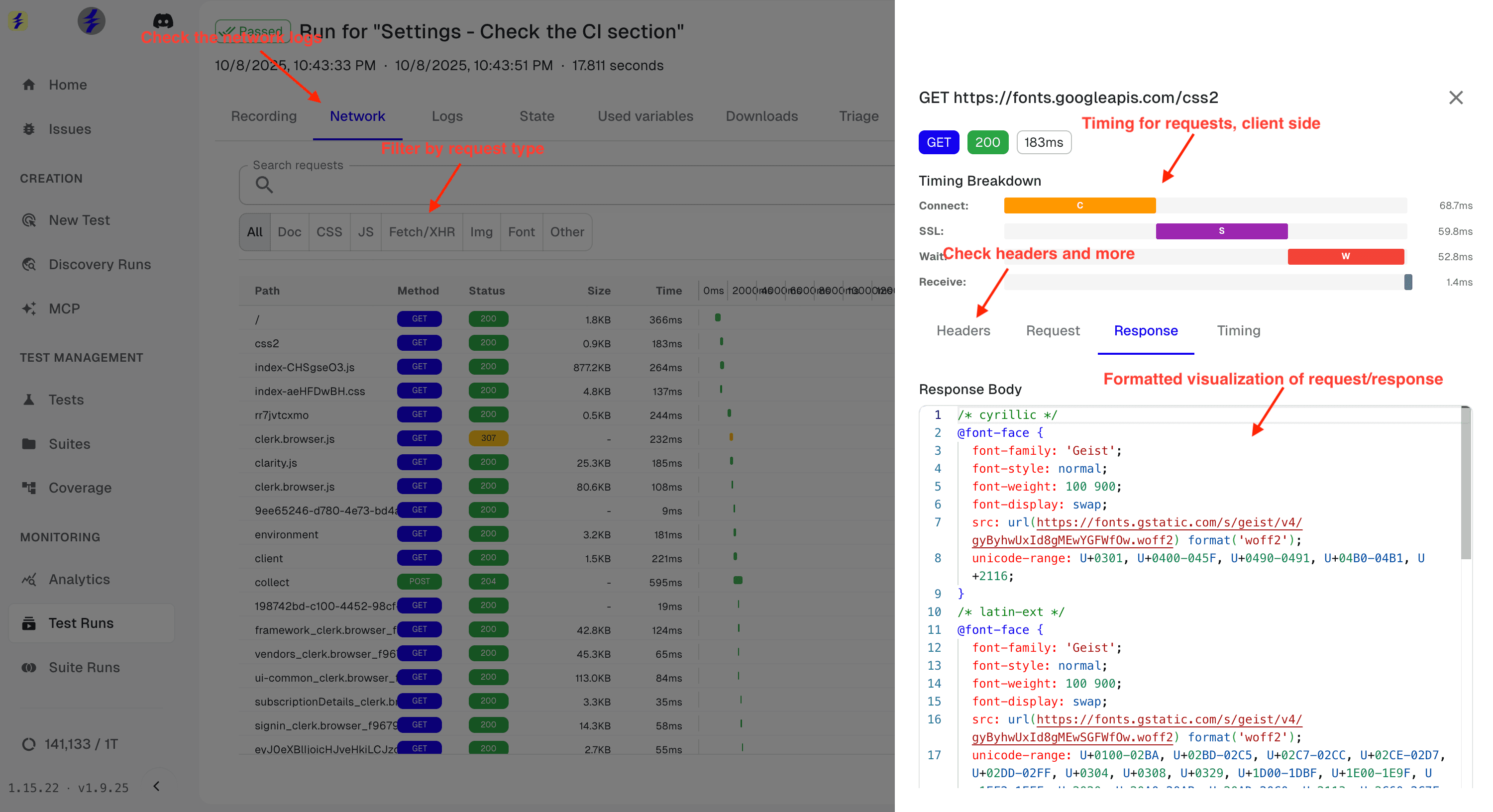 Debug test run network analysis showing request filtering, timing, and response details