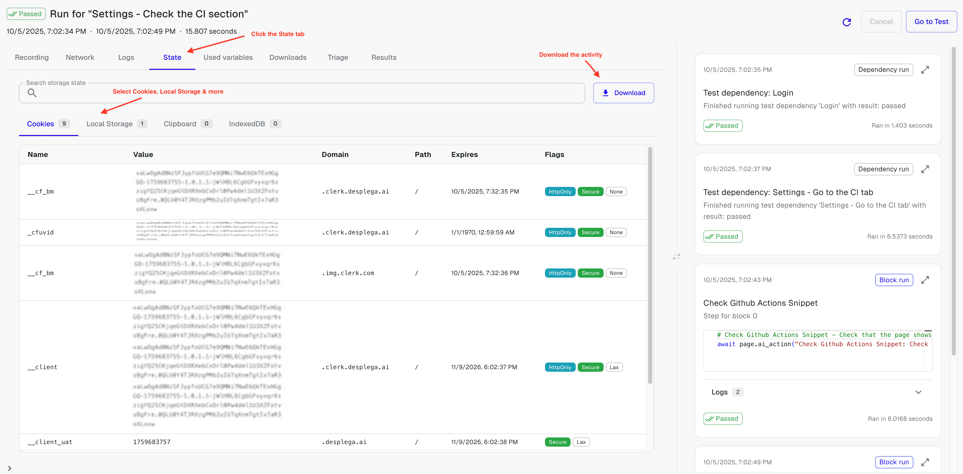 Debug test run state inspection showing cookies, local storage, and browser state
