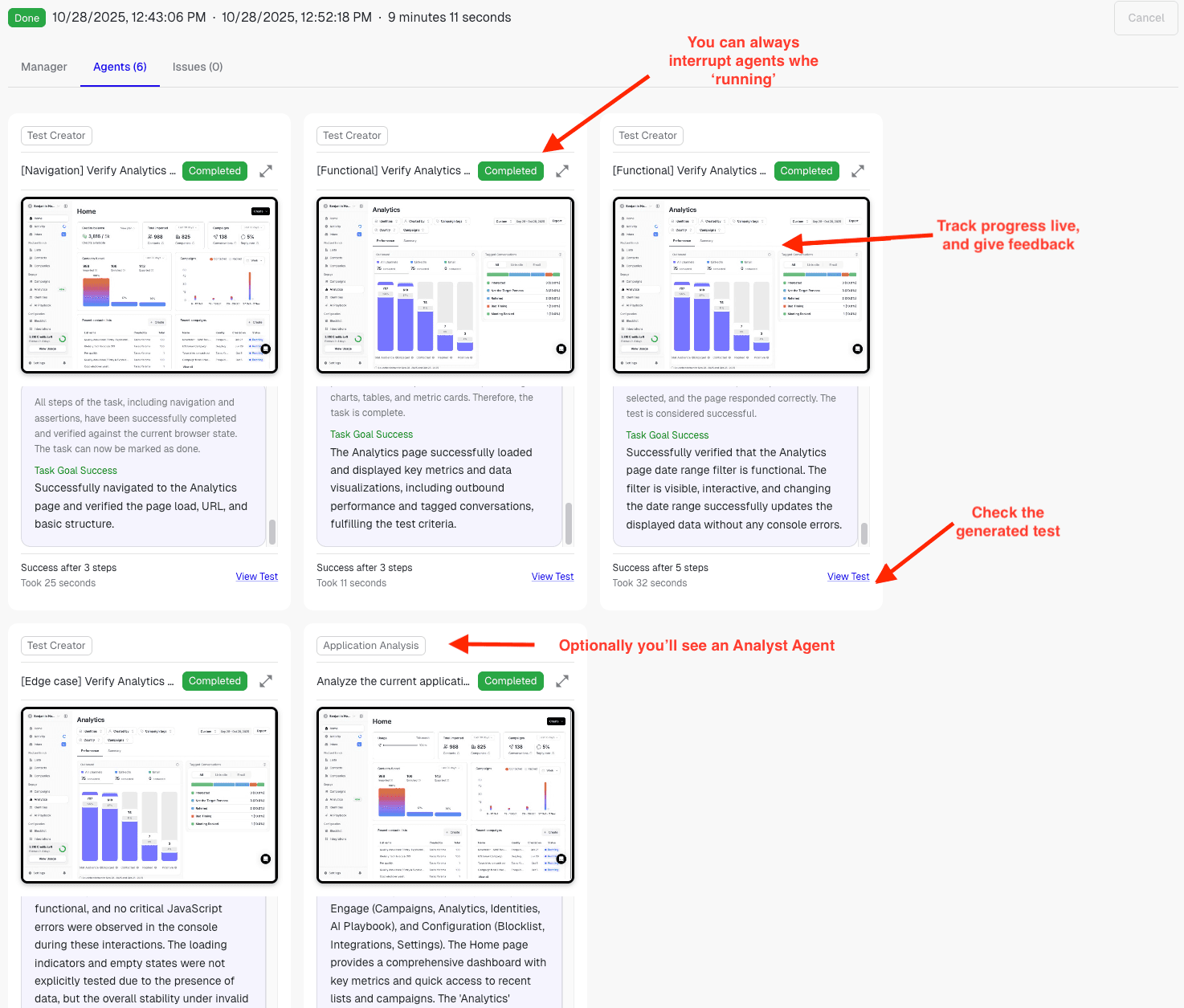 Discovery Run Agent Manager showing agent activity, test creation progress, and monitoring capabilities