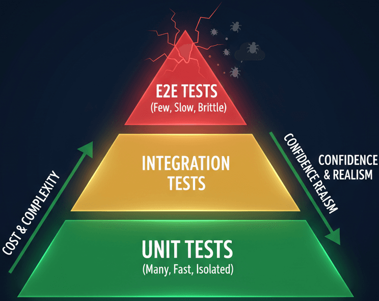 Traditional Testing Pyramid: High cost and complexity for brittle E2E, most confidence at the bottom