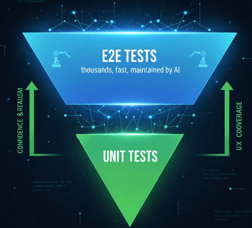 Inverted Testing Pyramid: E2E at the top, AI maintains thousands fast. Now the foundation for user confidence and UX coverage.