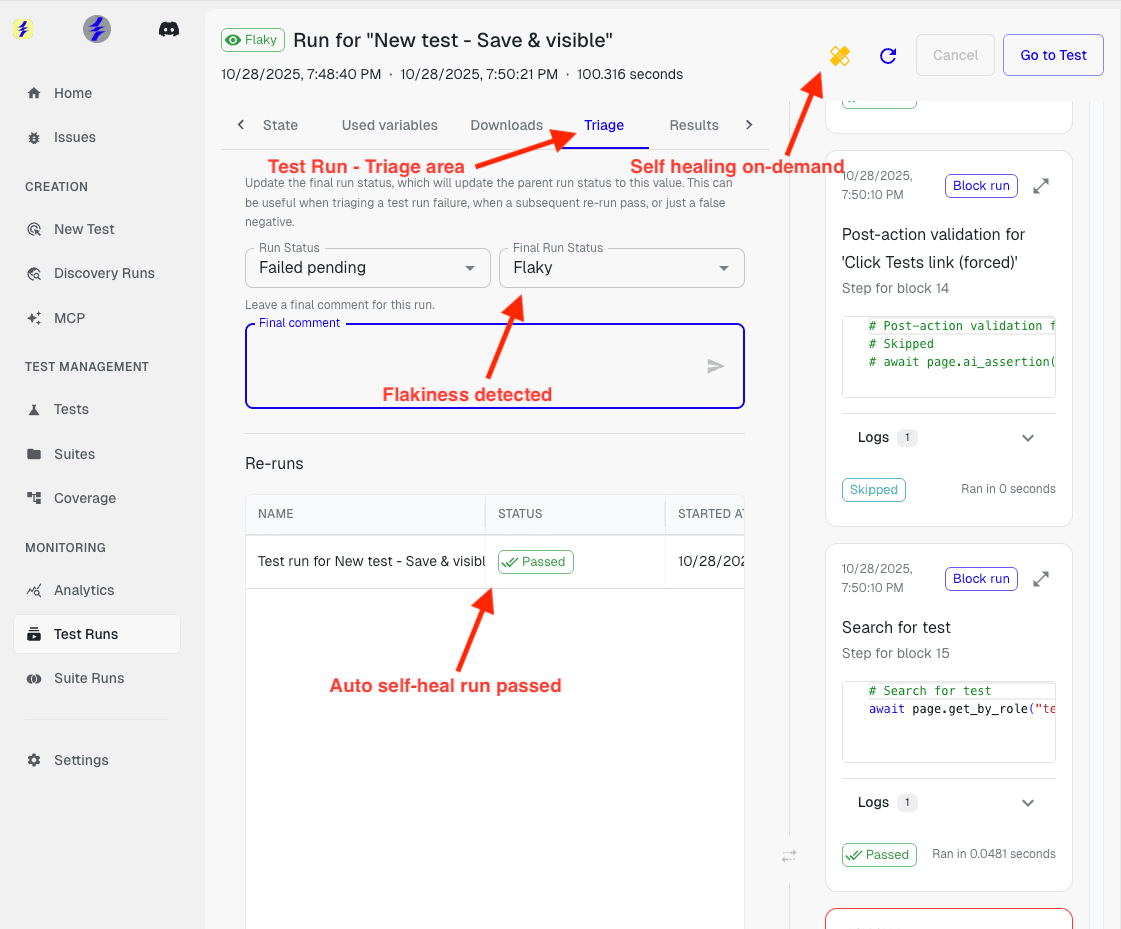 Auto self-healing on flaky test run showing triage tab with flaky status, self-healing button, and successful re-run