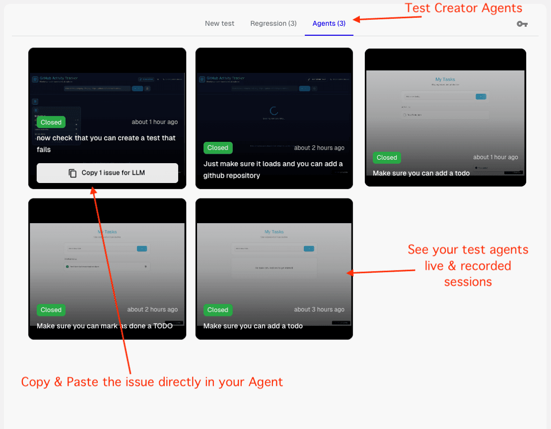 Agents overview section showing all test agents, including currently running agents and past test sessions