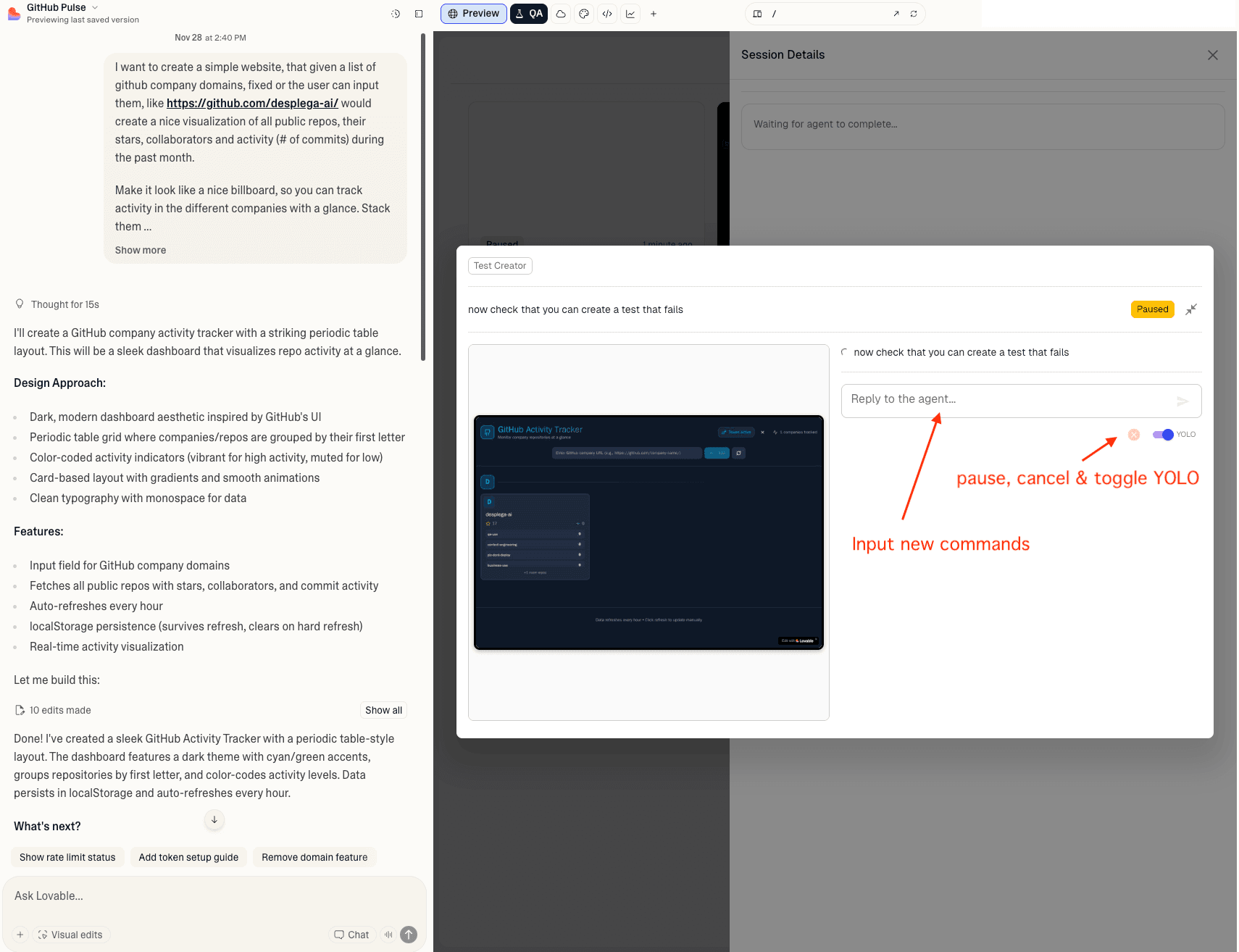 Paused test agent interface showing how to interact with a paused agent, including pause controls and interaction options