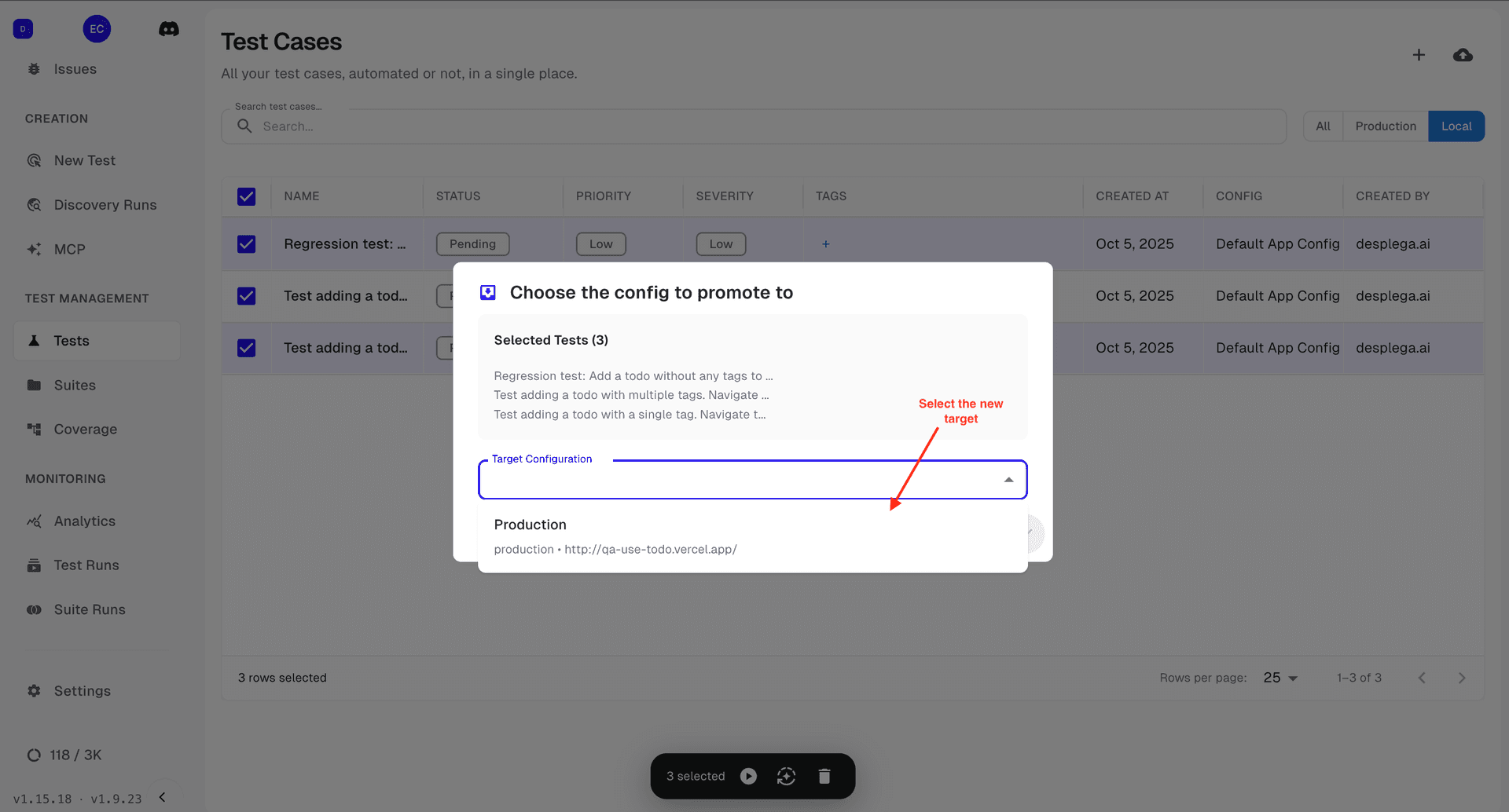 Promote dialog - showing configuration selection for test deployment