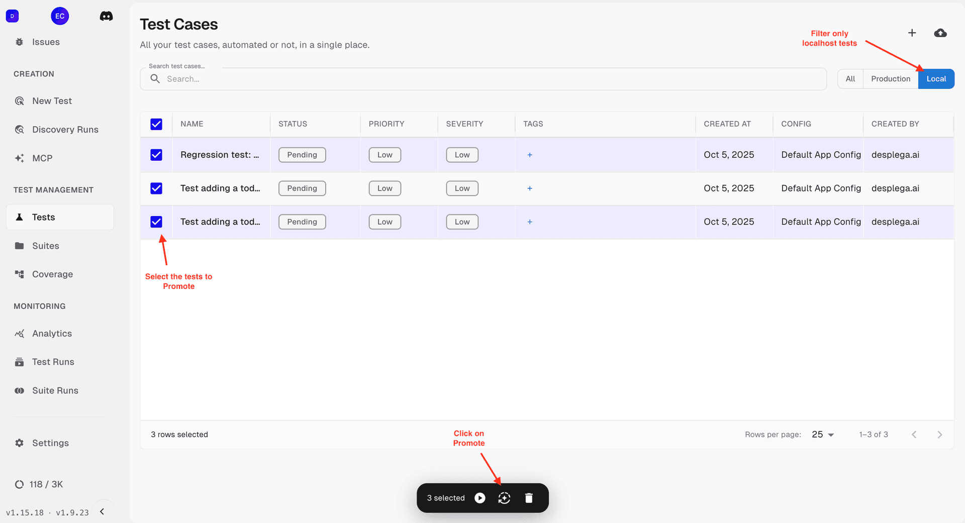 Select tests to promote - showing local filter selection and test selection interface