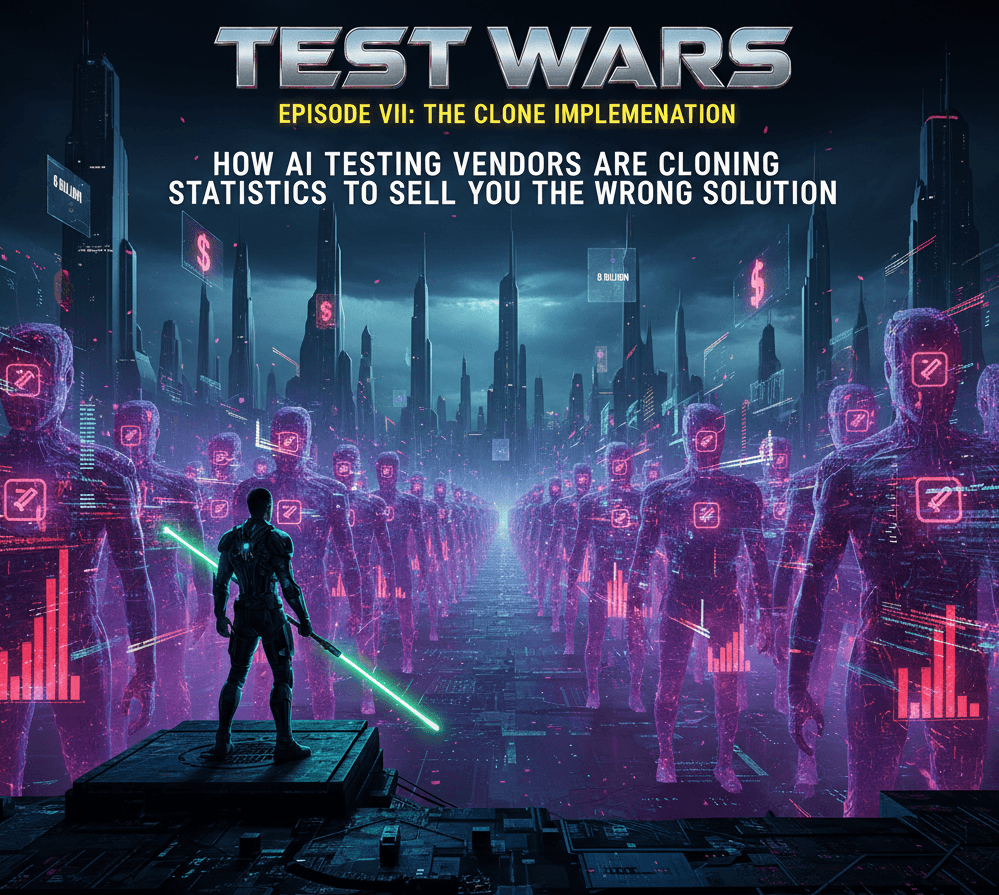 Test Wars Episode VIII: The Clone Implementation - AI testing vendors cloning statistics illustration showing the contrast between real quality strategy and vendor marketing claims