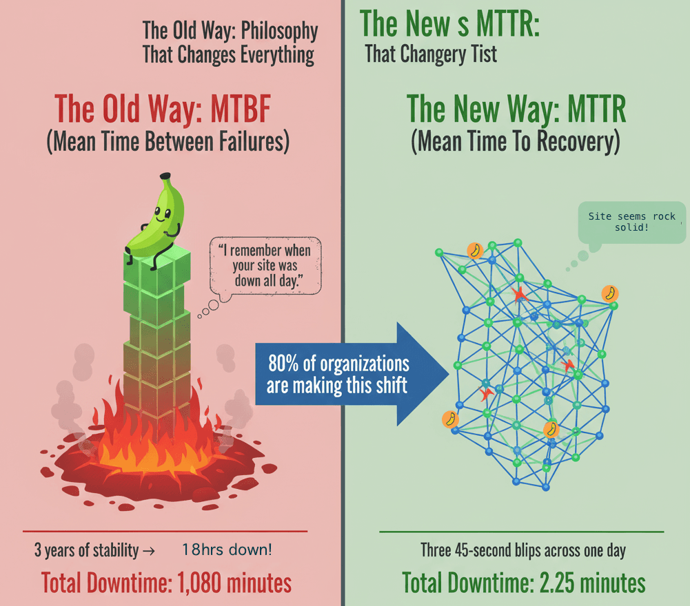MTTR vs MTBF concept—AI-powered synthetic monitoring reduces mean time to recovery by validating real business workflows in production