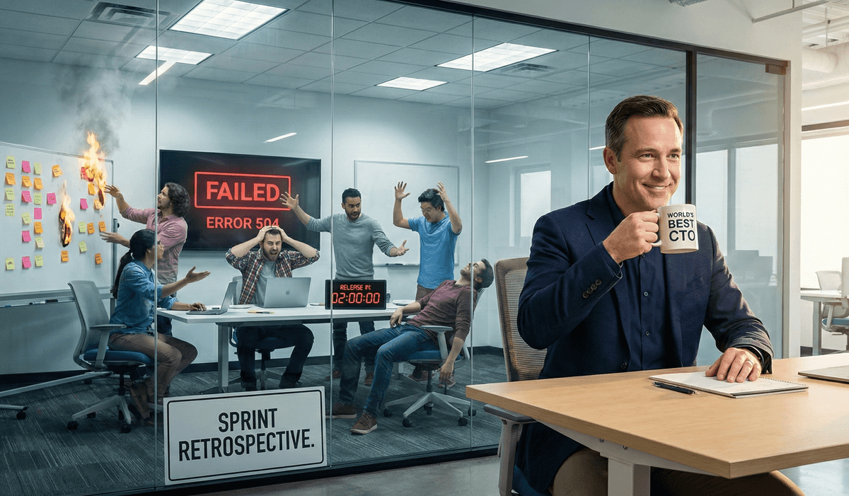 Why Your QA Team Hates Your Agile Sprints - CTO sitting calmly while QA team is in chaos behind glass wall