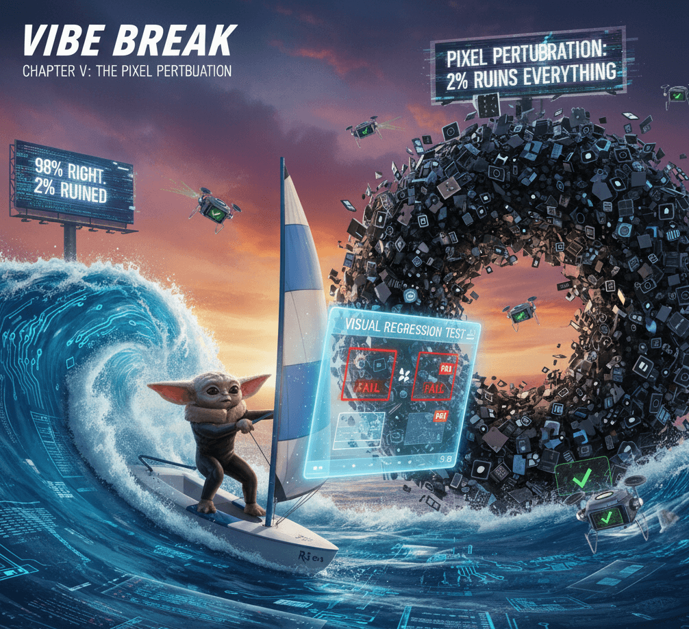 Vibe Break Chapter V: The Pixel Perturbation - AI UI Testing showing visual inconsistencies in generated interfaces