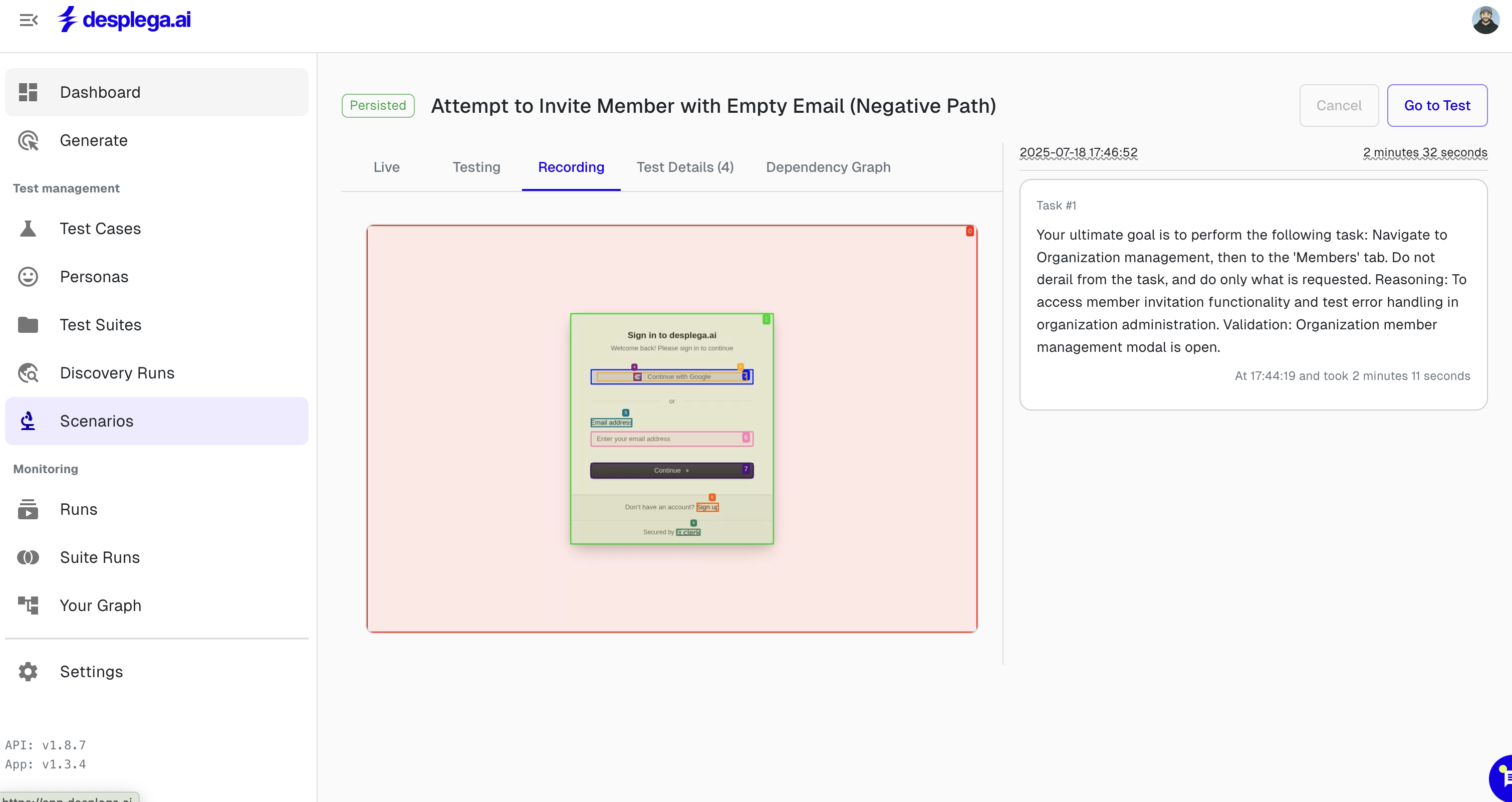 Test Scenarios in desplega.ai showing comprehensive user journey workflows and test cases