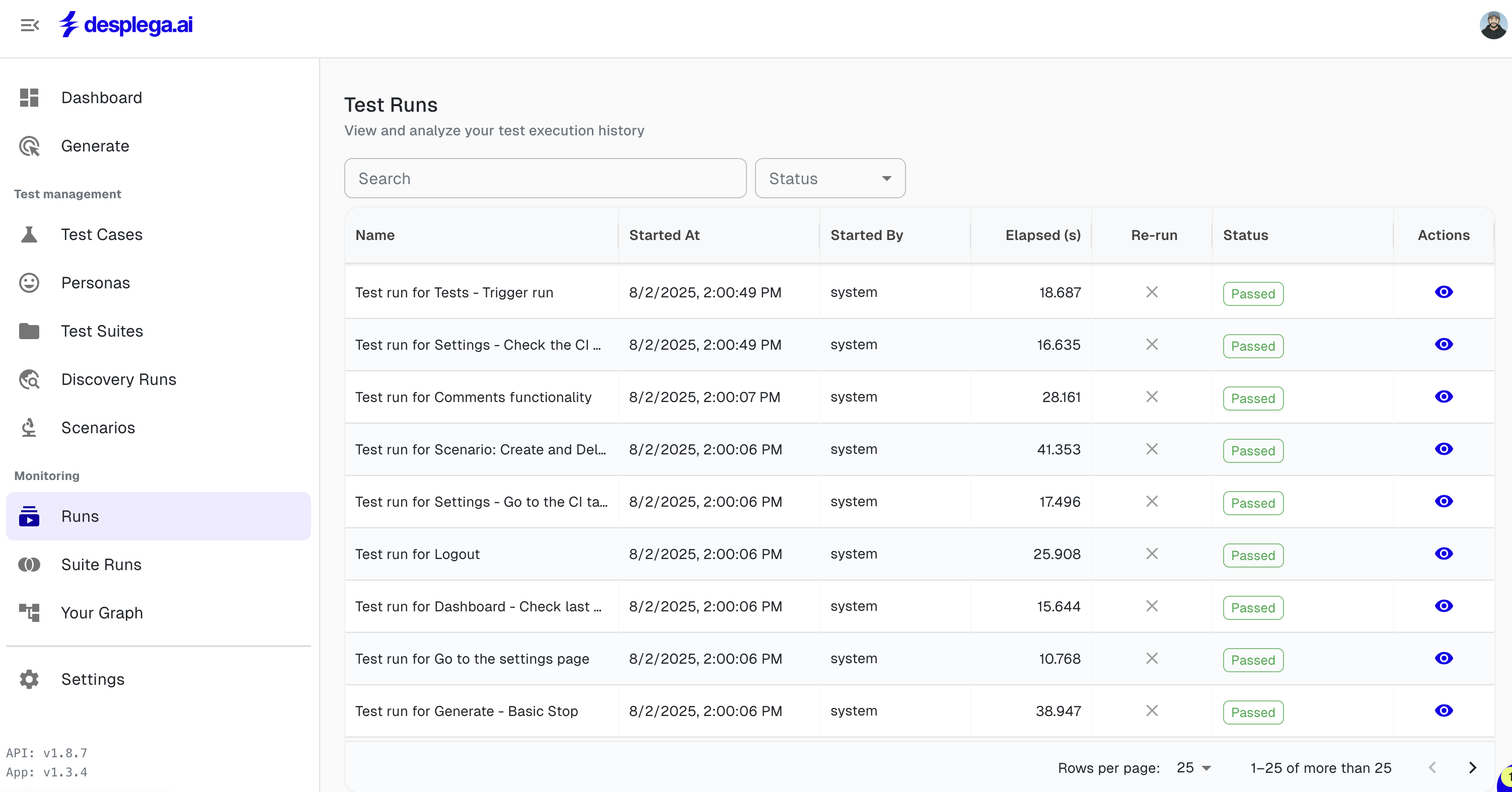 Test Runs in desplega.ai showing test execution monitoring and results dashboard