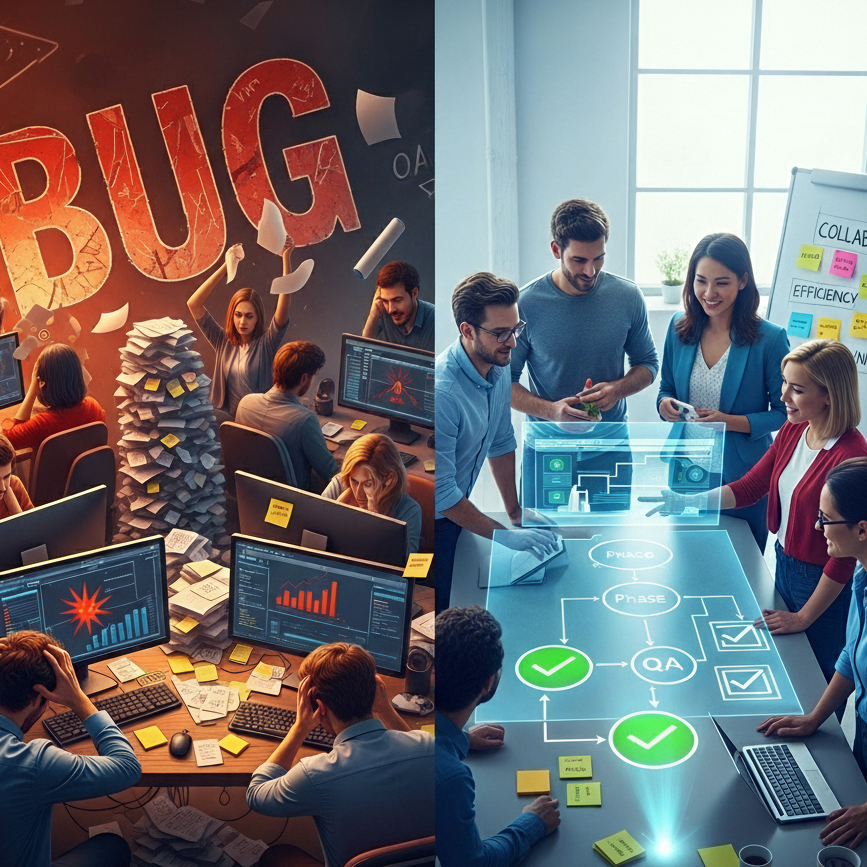 Foundation Book III: QA Leadership Strategy - Quality assurance transformation illustration showing the evolution from reactive testing to proactive quality engineering